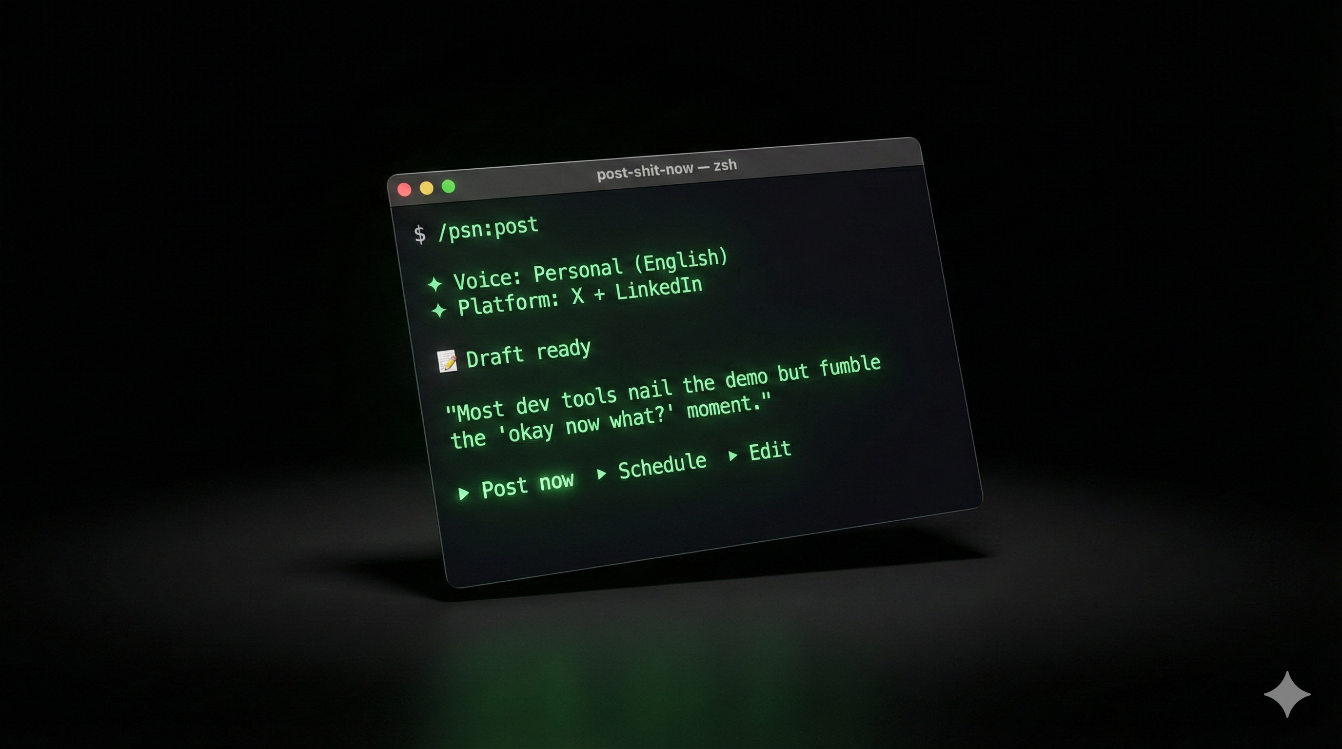 PSN terminal showing /psn:post command generating a voice-matched draft